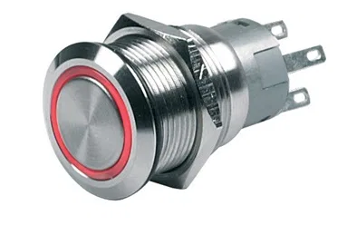 80-511-0001-00 – BEP Push Button Switch, On/ Off Switch 5 Amp Panel Mount With Red LED Ring 12 Volt Stainless Steel